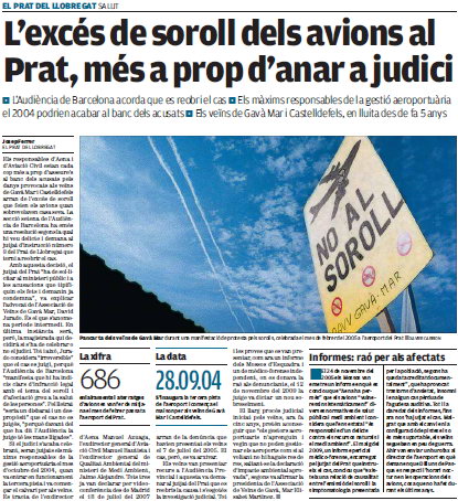Notícia publicada al diari AVUI sobre l'aute de l'Audiència de Barcelona reobrint la querella criminal presentada contra els reponsables de la posada en servei de la tercera pista de l'aeroport de Barcelona-El Prat (13 de Març de 2010)